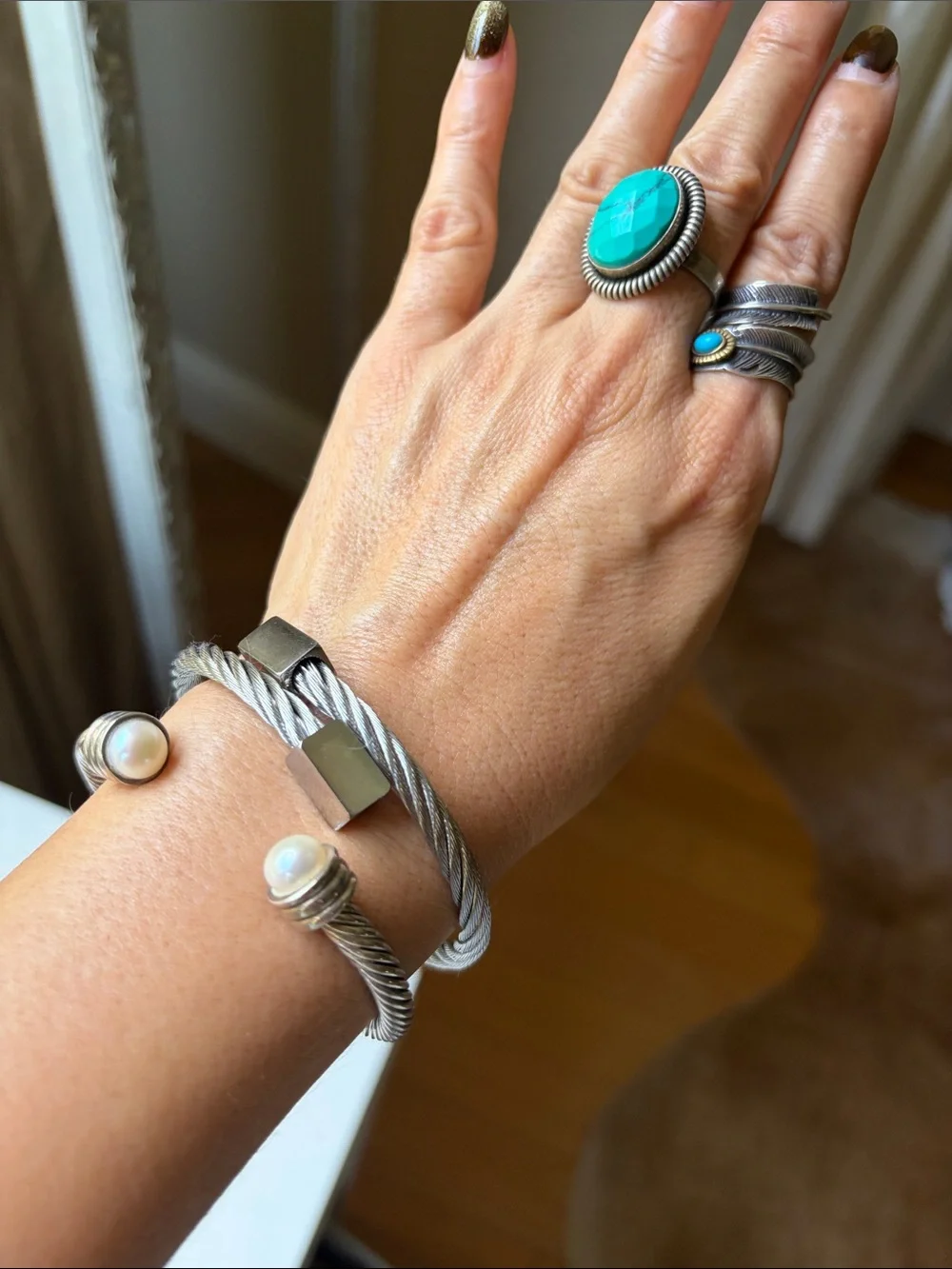 Silver Cable Cuff Bracelet with Pearl End Caps - Silver
